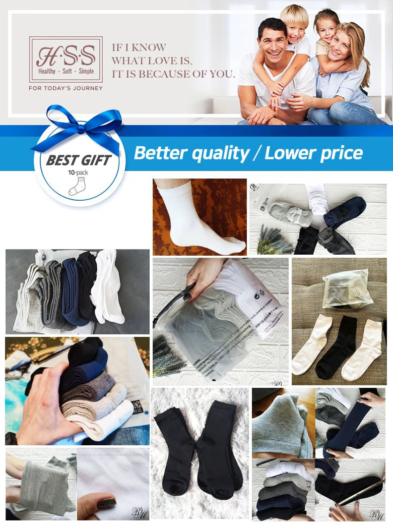 HSS 5/10 Pairs Men's Cotton Blend Socks Black Business Men Socks Soft Breathable Summer Winter for Male Socks Plus Size (6.5-14)