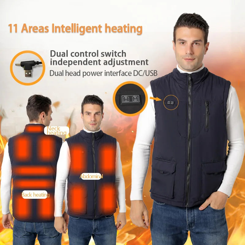 11 Areas Winter Men's Heating Vest Double Control Electric Warmth Outerwear Jacket Outdoor Anti-Cold Warm Camping Waistcoat