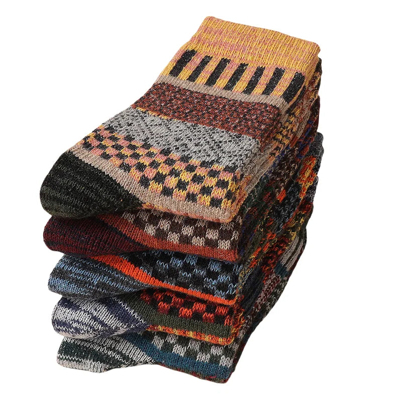 5pairs Unisex Ethnic Style Vintage Thick Wool Warm Crew Men Socks Soft Ultra-Comfortable High Quality Breathable Women's Sock