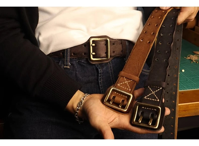 Original Handmade Double-needle Buckle Men's Belt Washed Water Made Old Macho Jeans Belt Genuine Leather y2k Army Tactical Belt