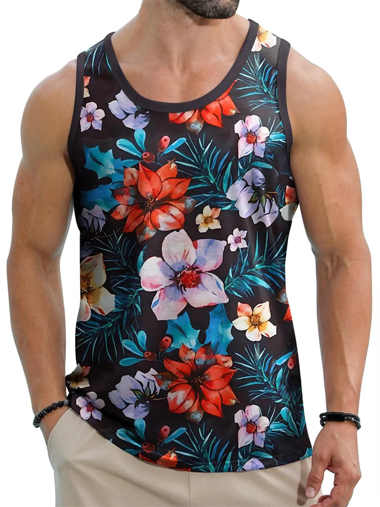 2024 New Summer Fashion Men's Sleeveless T-Shirt Classic Hawaiian Beach Coconut Print Men's Vest Extreme Sports Surf Vest