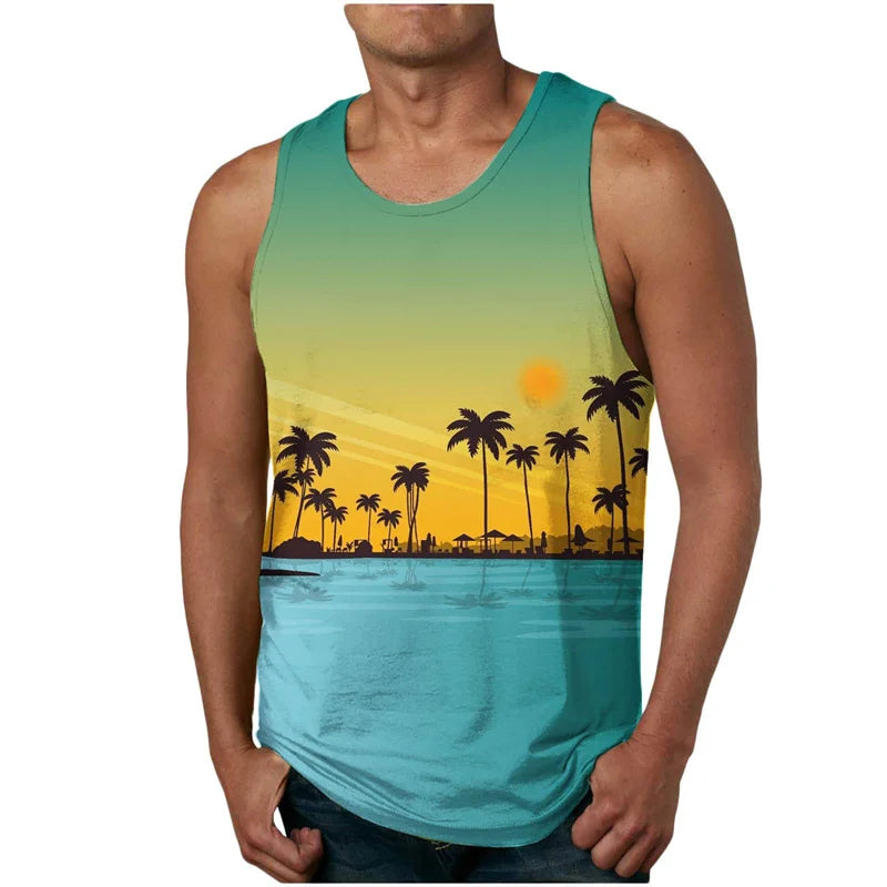 2024 New Summer Fashion Men's Sleeveless T-Shirt Classic Hawaiian Beach Coconut Print Men's Vest Extreme Sports Surf Vest