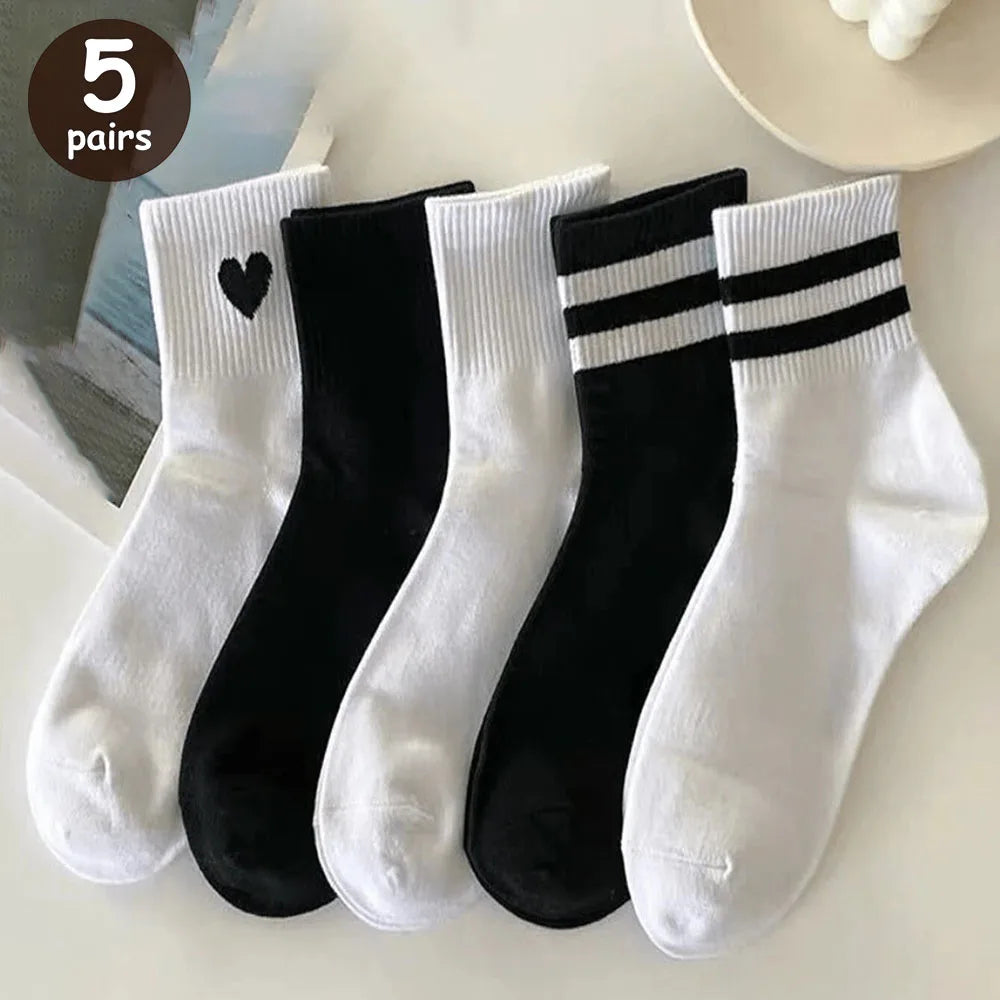 6/10/15/20 Pairs Men Socks Spring Autumn Casual Black White Striped Socks Breathable Mid Tube Sock High-quality Round Neck Socks