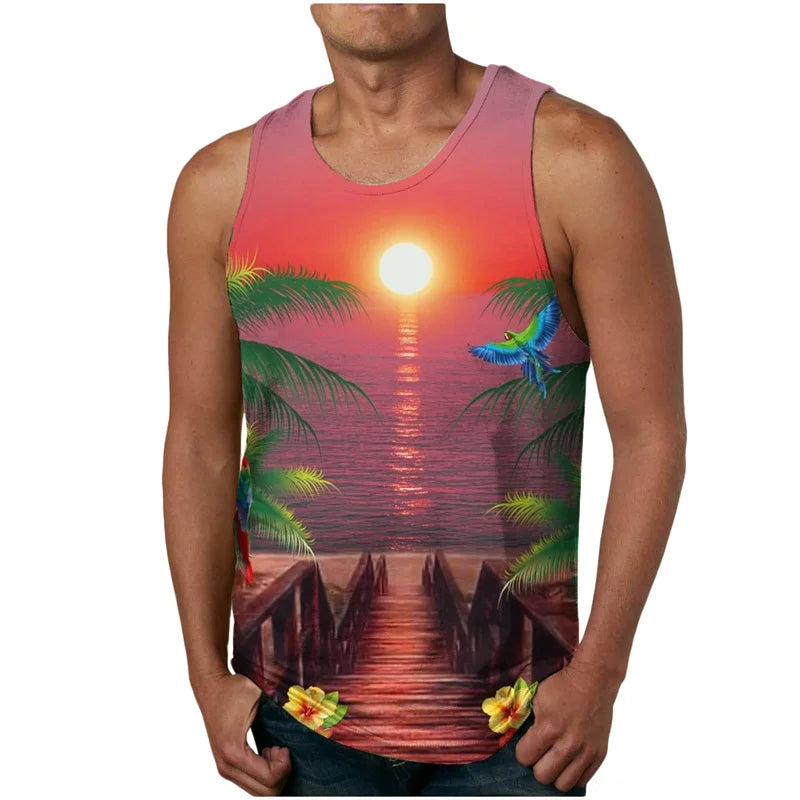 2024 New Summer Fashion Men's Sleeveless T-Shirt Classic Hawaiian Beach Coconut Print Men's Vest Extreme Sports Surf Vest