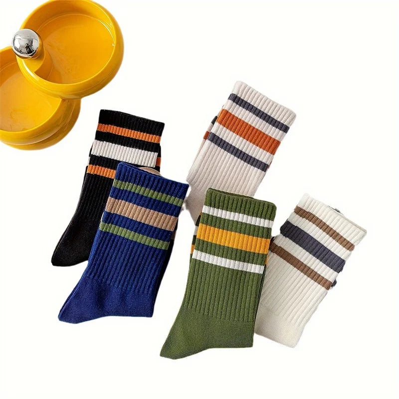 5 Pairs Men's Colorful Striped Casual Socks, Fashionable Sports Socks, Sweat Absorbing And Breathable, Suitable For All Seasons