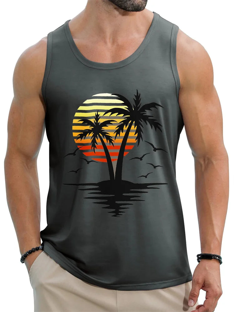 2024 New Summer Fashion Men's Sleeveless T-Shirt Classic Hawaiian Beach Coconut Print Men's Vest Extreme Sports Surf Vest