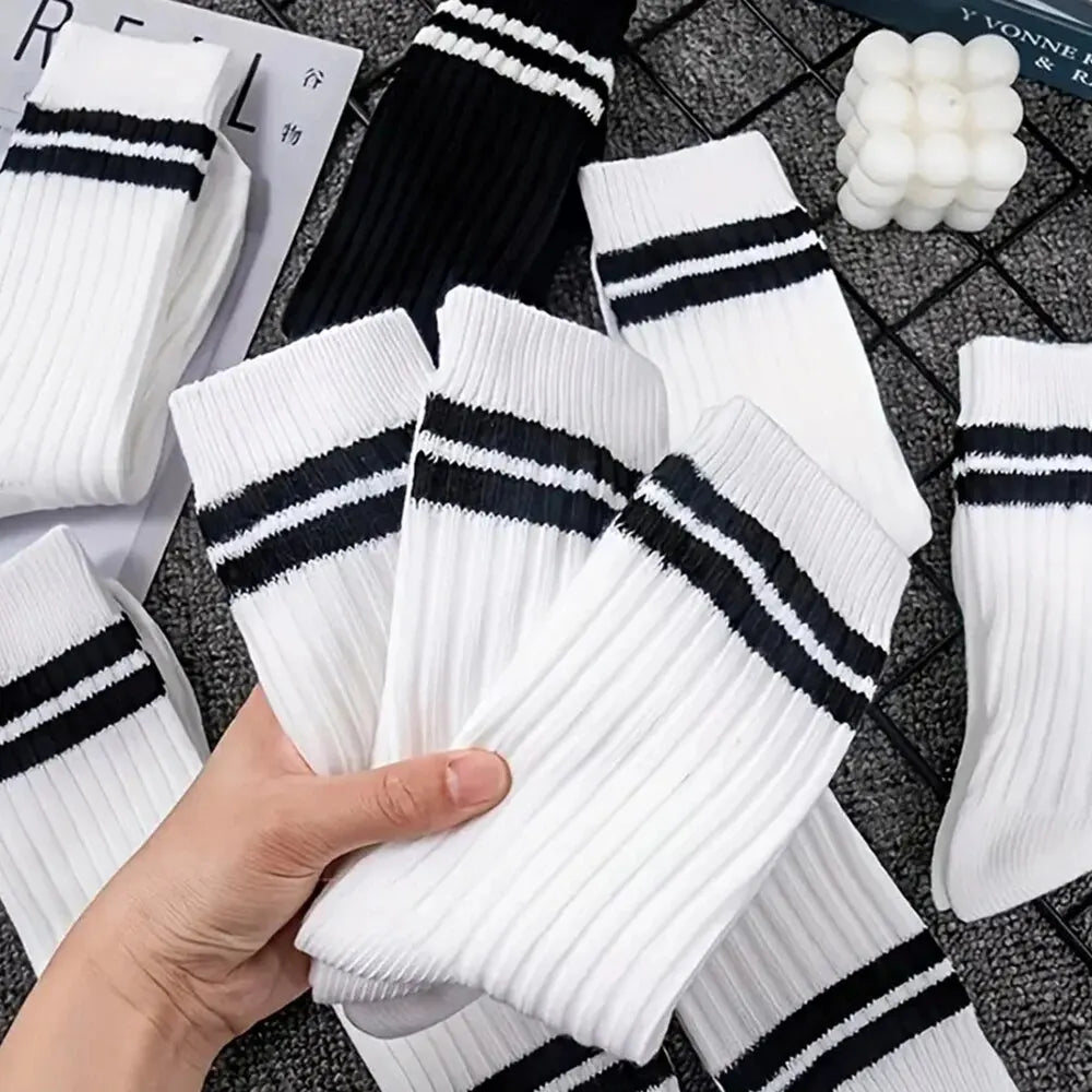 6/10/15/20 Pairs Men Socks Spring Autumn Casual Black White Striped Socks Breathable Mid Tube Sock High-quality Round Neck Socks