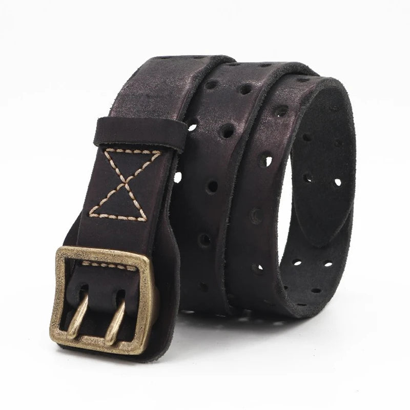 Original Handmade Double-needle Buckle Men's Belt Washed Water Made Old Macho Jeans Belt Genuine Leather y2k Army Tactical Belt