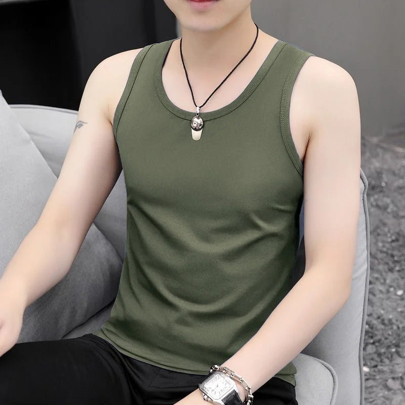 Trendy Versatile Slim Fit Shirt Sleeve Men Vest Pure Color Base Layer Casual Sportswear Young People Summer Edition