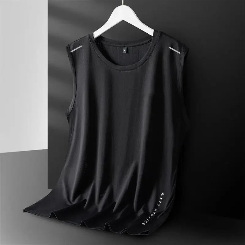 Men's Ice Silk Vest Round Neck Mesh Breathable Quick Dry Sports Wide Shoulder Vest Outerwear Sleeveless Summer Fashion