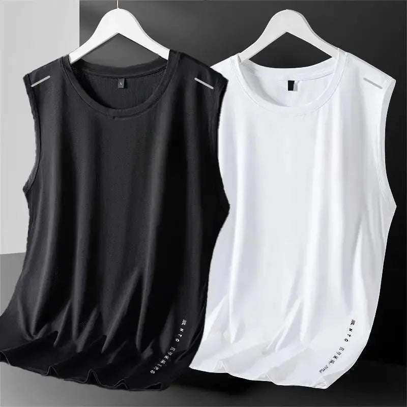 Men's Ice Silk Vest Round Neck Mesh Breathable Quick Dry Sports Wide Shoulder Vest Outerwear Sleeveless Summer Fashion