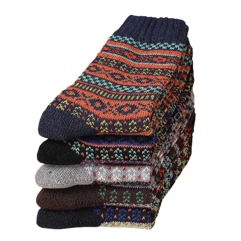5pairs Unisex Ethnic Style Vintage Thick Wool Warm Crew Men Socks Soft Ultra-Comfortable High Quality Breathable Women's Sock