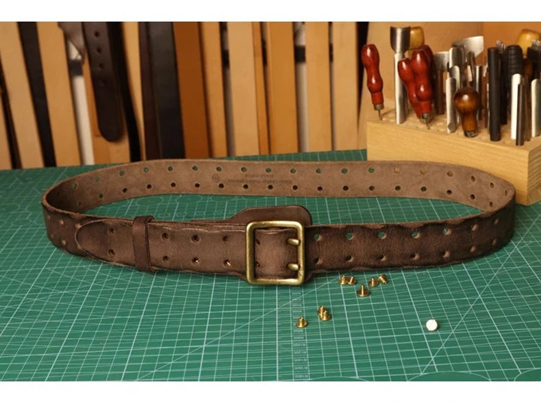 Original Handmade Double-needle Buckle Men's Belt Washed Water Made Old Macho Jeans Belt Genuine Leather y2k Army Tactical Belt