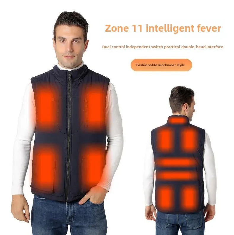 11 Areas Winter Men's Heating Vest Double Control Electric Warmth Outerwear Jacket Outdoor Anti-Cold Warm Camping Waistcoat