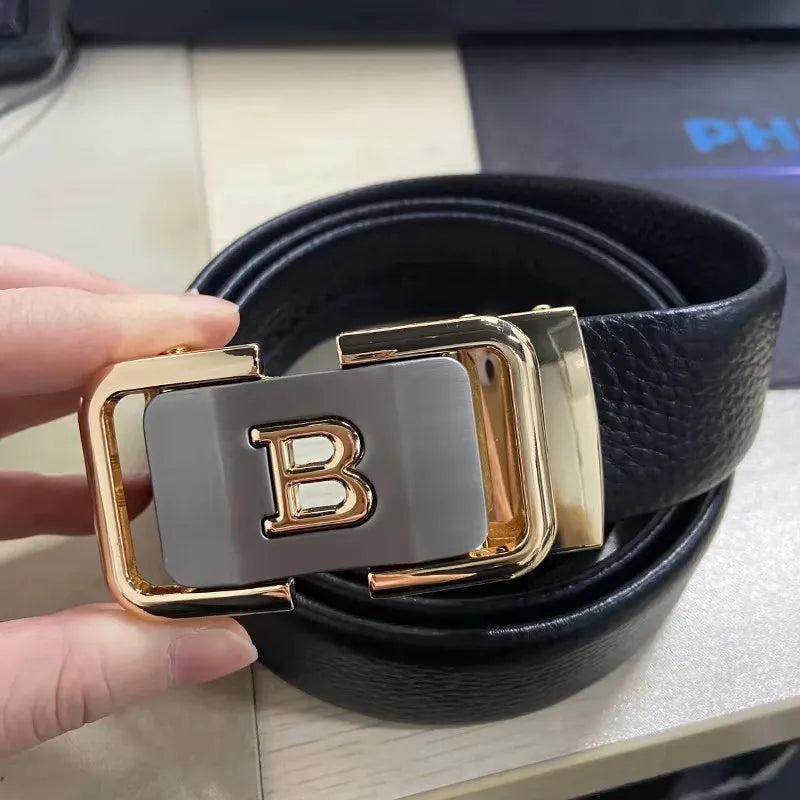 2025 New High Quality Fashion Black B Letter Belt Men's Automatic Buckle 3.5cm Wide Leather Casual Belt Croskin Ceinture Homme