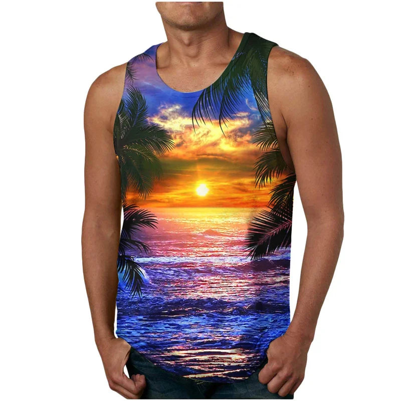 2024 New Summer Fashion Men's Sleeveless T-Shirt Classic Hawaiian Beach Coconut Print Men's Vest Extreme Sports Surf Vest