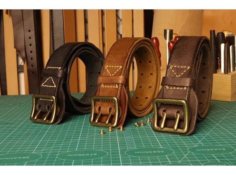Original Handmade Double-needle Buckle Men's Belt Washed Water Made Old Macho Jeans Belt Genuine Leather y2k Army Tactical Belt