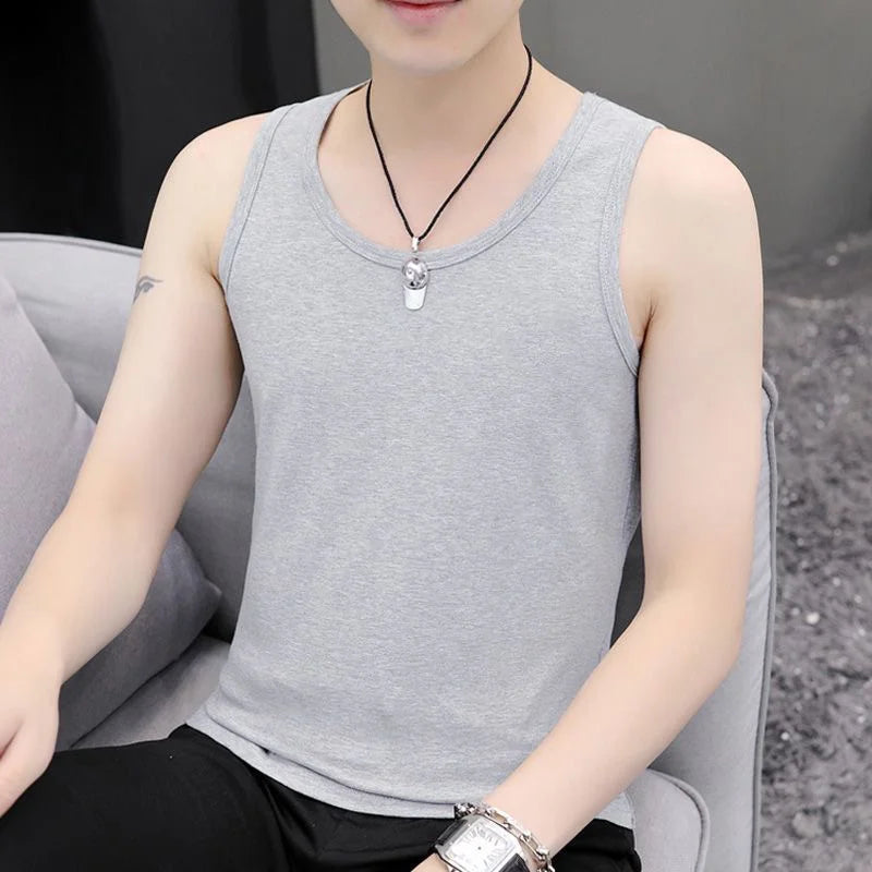 Trendy Versatile Slim Fit Shirt Sleeve Men Vest Pure Color Base Layer Casual Sportswear Young People Summer Edition