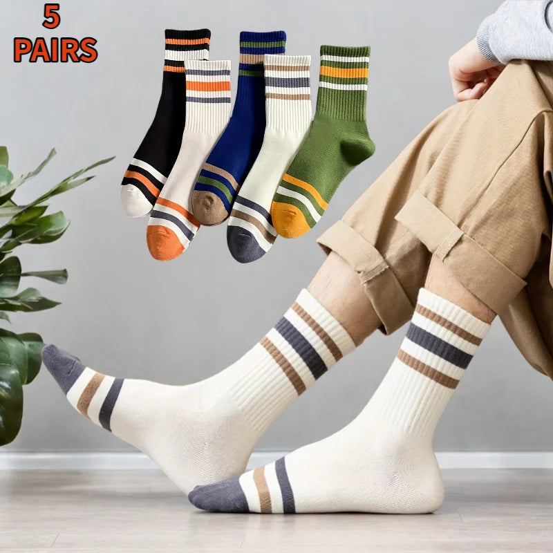 5 Pairs Men's Colorful Striped Casual Socks, Fashionable Sports Socks, Sweat Absorbing And Breathable, Suitable For All Seasons
