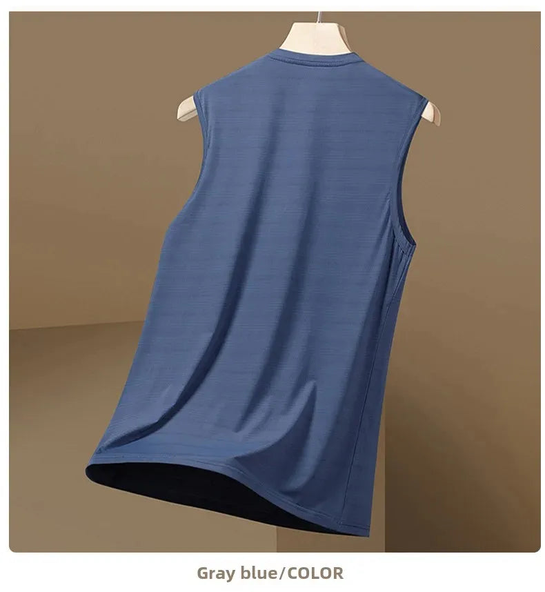 Men's Ice Silk Vest Round Neck Mesh Breathable Quick Dry Sports Wide Shoulder Vest Outerwear Sleeveless Summer Fashion