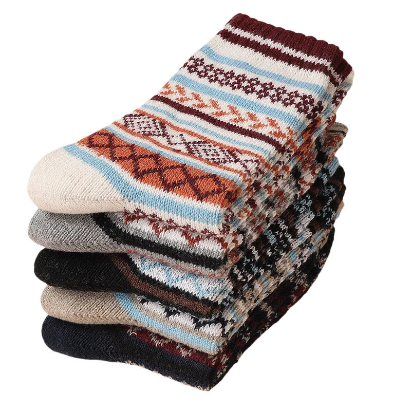 5pairs Unisex Ethnic Style Vintage Thick Wool Warm Crew Men Socks Soft Ultra-Comfortable High Quality Breathable Women's Sock