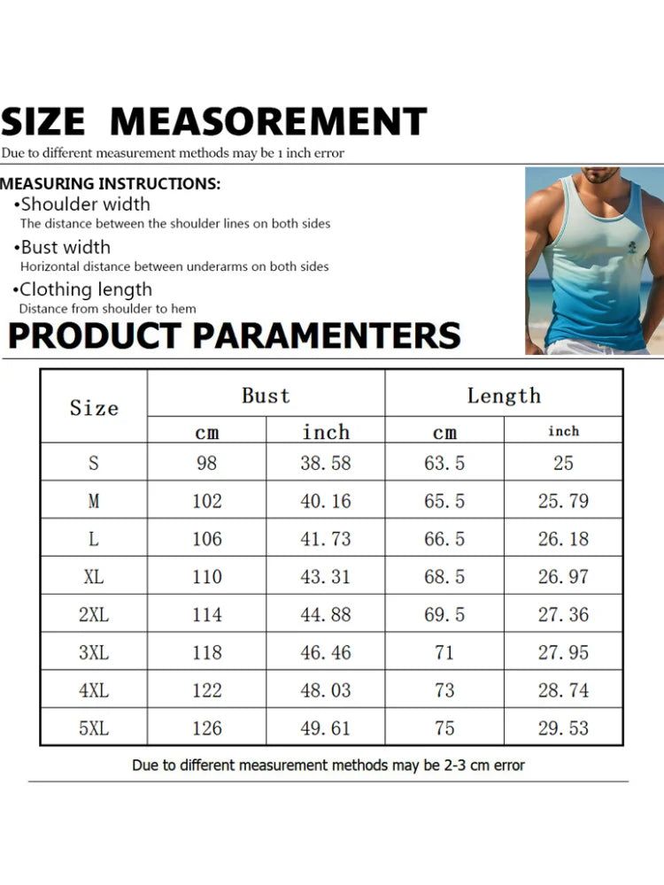2024 New Summer Fashion Men's Sleeveless T-Shirt Classic Hawaiian Beach Coconut Print Men's Vest Extreme Sports Surf Vest