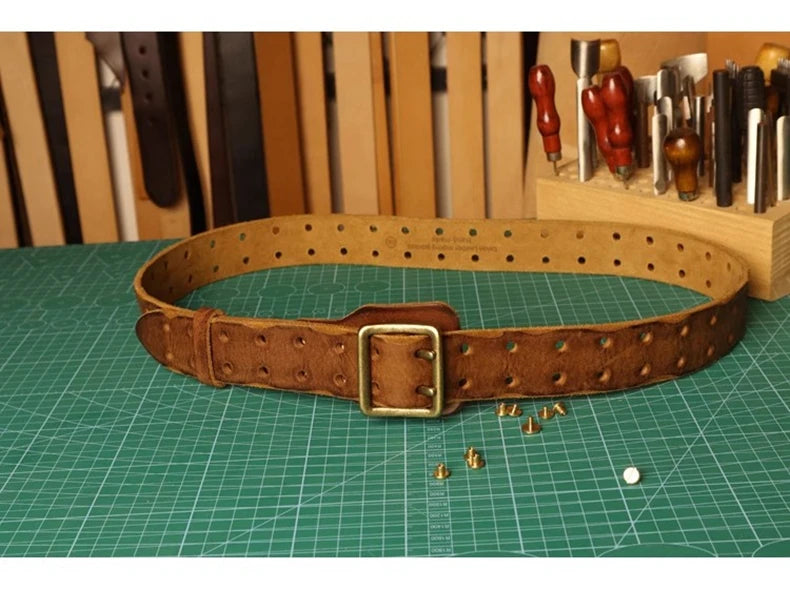 Original Handmade Double-needle Buckle Men's Belt Washed Water Made Old Macho Jeans Belt Genuine Leather y2k Army Tactical Belt
