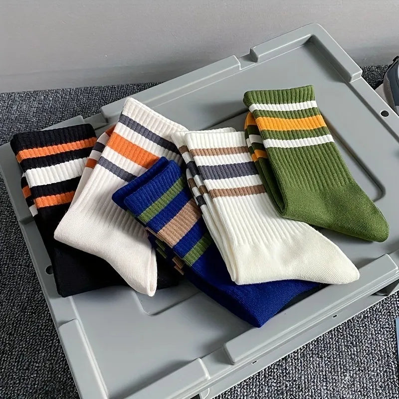 5 Pairs Men's Colorful Striped Casual Socks, Fashionable Sports Socks, Sweat Absorbing And Breathable, Suitable For All Seasons