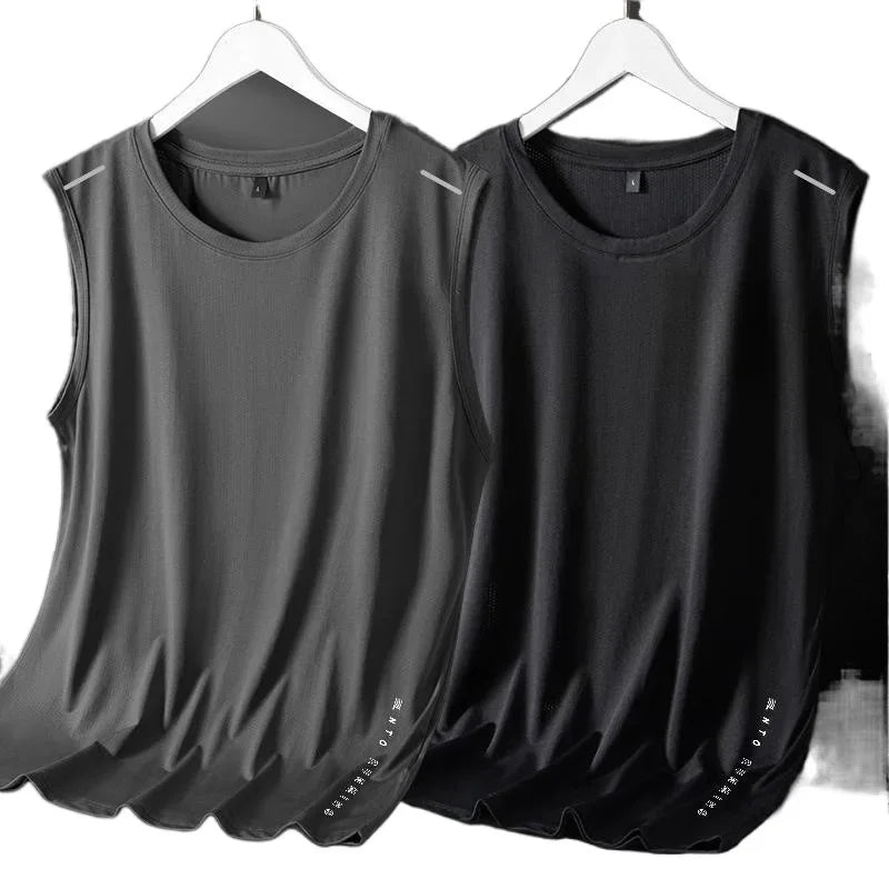 Men's Ice Silk Vest Round Neck Mesh Breathable Quick Dry Sports Wide Shoulder Vest Outerwear Sleeveless Summer Fashion