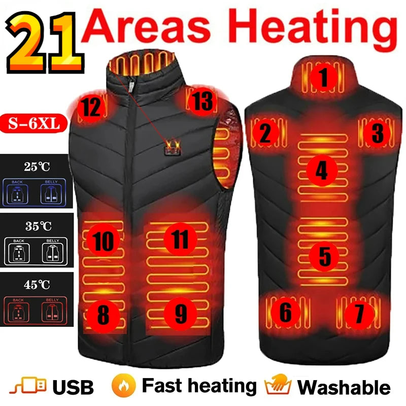 21 Areas Heated Vest Men's New Winter Jacket Usb Graphene Heating Clothes Women's Ski Camping Waterproof Thick Sleeveless Coat