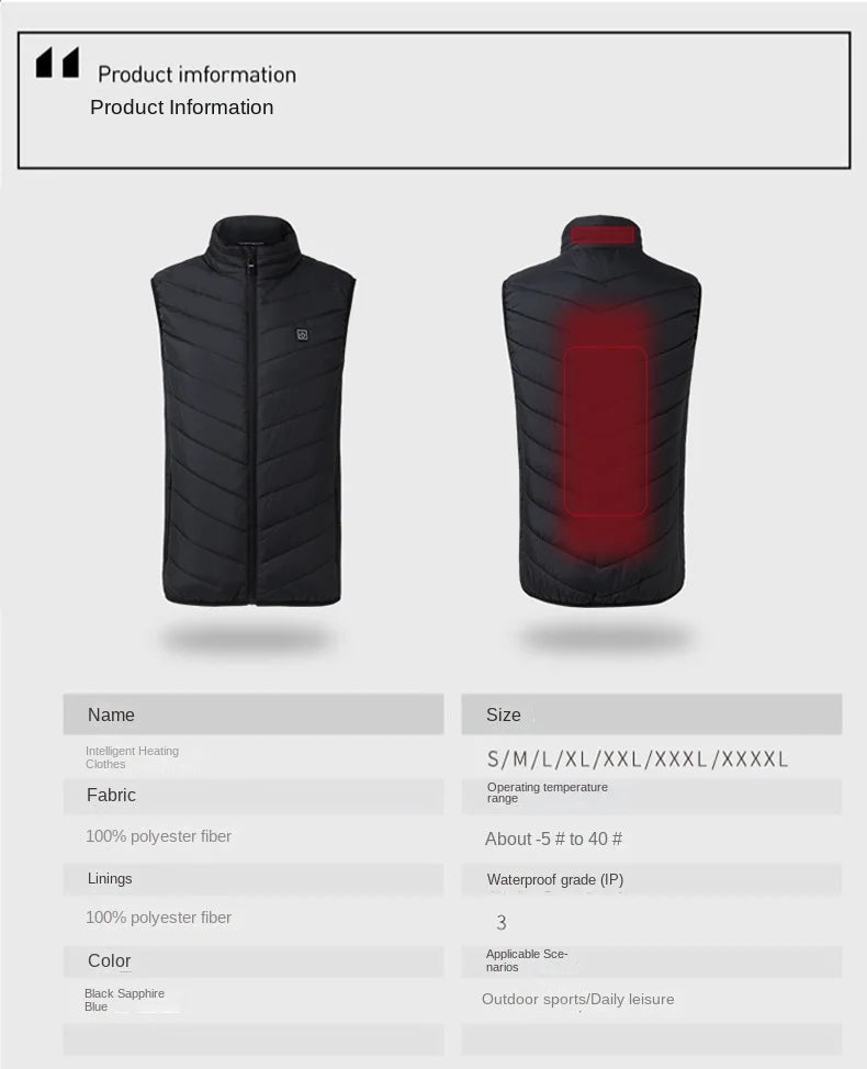 21 Heating Areas Jacket Men's Winter USB Electric Heating Warm Sleeveless Padded vest Infrared Heating Clothes Men Snow Ski Vest