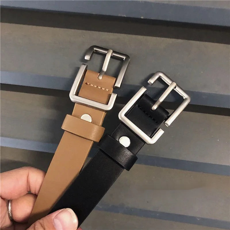 Retro Solid Color PU Leather Belt For Men Women Long Chic Geometric Pin Buckle Waistband Jeans Pants Decoration Straps Girdle