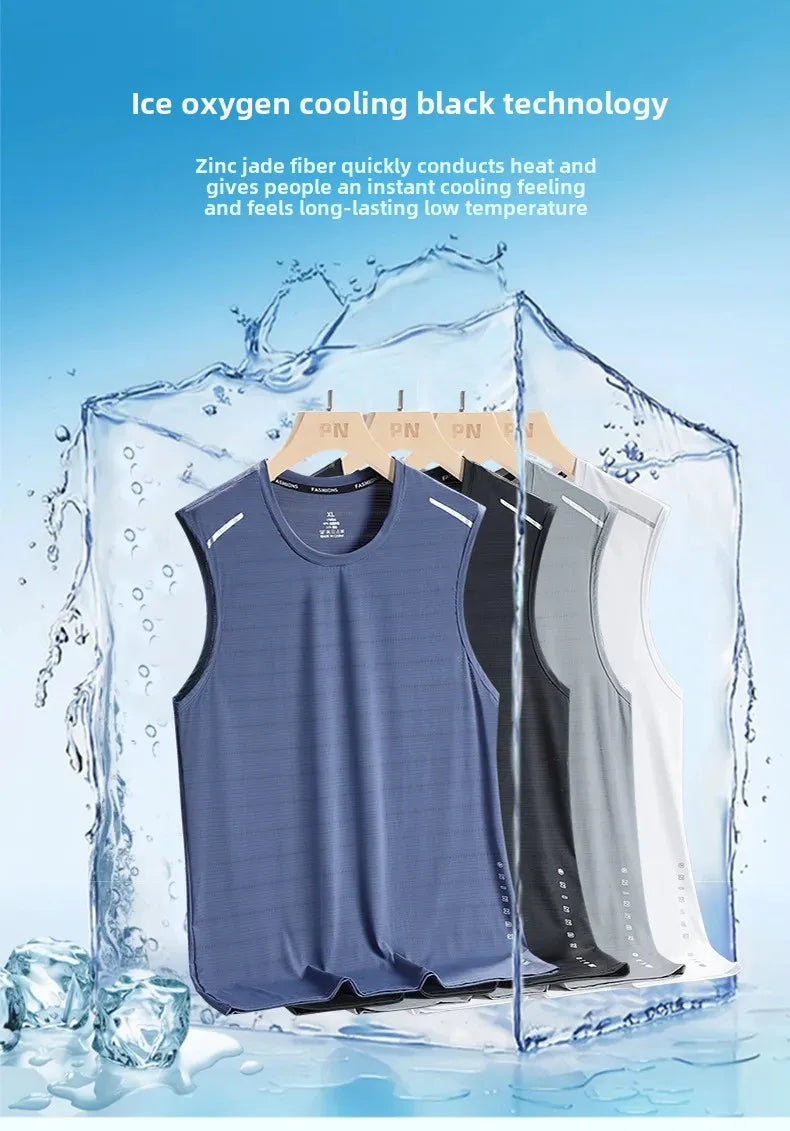 Men's Ice Silk Vest Round Neck Mesh Breathable Quick Dry Sports Wide Shoulder Vest Outerwear Sleeveless Summer Fashion