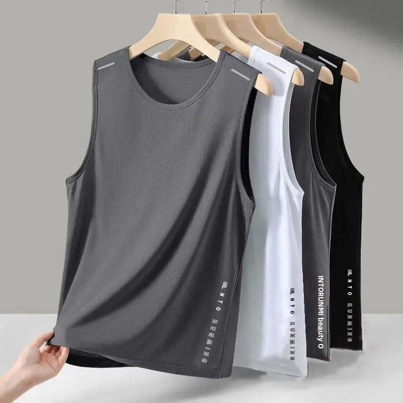 Men's Ice Silk Vest Round Neck Mesh Breathable Quick Dry Sports Wide Shoulder Vest Outerwear Sleeveless Summer Fashion