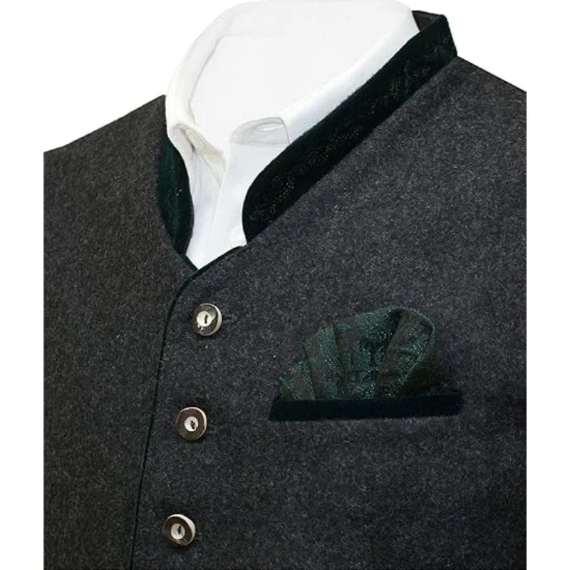 Men's Elegant Loden Vest - Traditional Sleeveless Gilet w/ Brocade Pocket Square | Anthracite Grey Wedding Waistcoat, Festival &