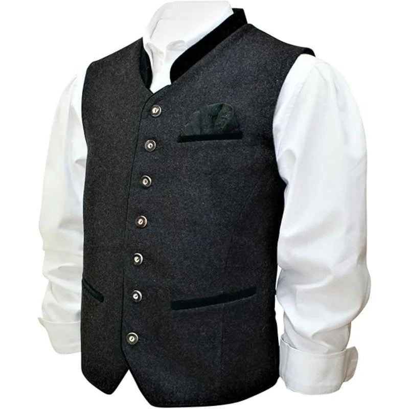 Men's Elegant Loden Vest - Traditional Sleeveless Gilet w/ Brocade Pocket Square | Anthracite Grey Wedding Waistcoat, Festival &