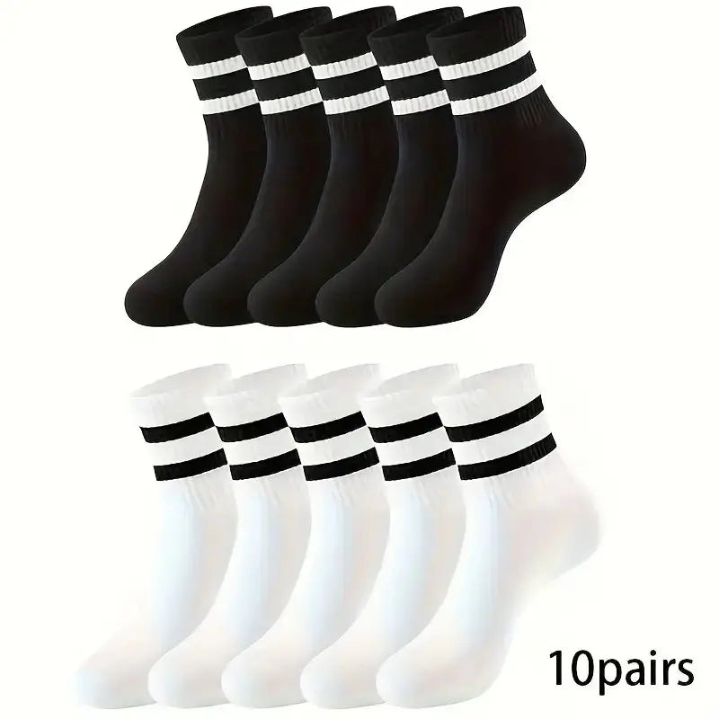 6/10/15/20 Pairs Men Socks Spring Autumn Casual Black White Striped Socks Breathable Mid Tube Sock High-quality Round Neck Socks