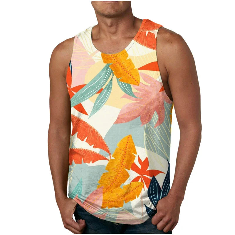 2024 New Summer Fashion Men's Sleeveless T-Shirt Classic Hawaiian Beach Coconut Print Men's Vest Extreme Sports Surf Vest