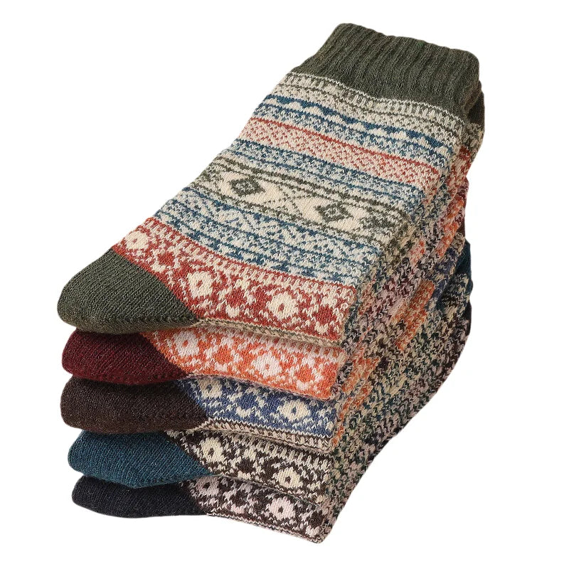 5pairs Unisex Ethnic Style Vintage Thick Wool Warm Crew Men Socks Soft Ultra-Comfortable High Quality Breathable Women's Sock