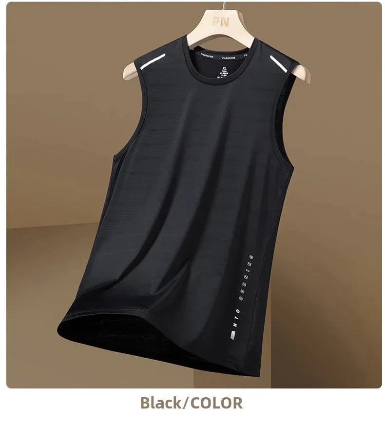 Men's Ice Silk Vest Round Neck Mesh Breathable Quick Dry Sports Wide Shoulder Vest Outerwear Sleeveless Summer Fashion