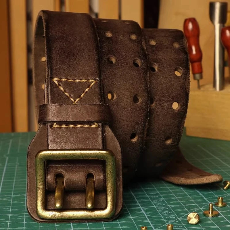 Original Handmade Double-needle Buckle Men's Belt Washed Water Made Old Macho Jeans Belt Genuine Leather y2k Army Tactical Belt