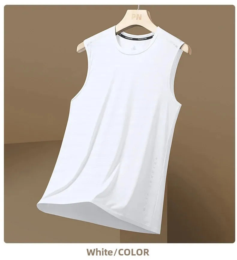 Men's Ice Silk Vest Round Neck Mesh Breathable Quick Dry Sports Wide Shoulder Vest Outerwear Sleeveless Summer Fashion