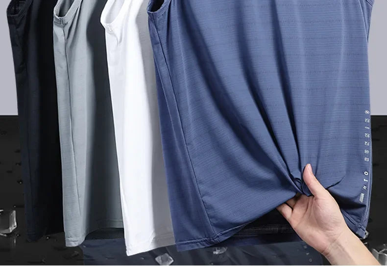 Men's Ice Silk Vest Round Neck Mesh Breathable Quick Dry Sports Wide Shoulder Vest Outerwear Sleeveless Summer Fashion
