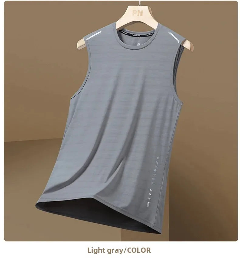 Men's Ice Silk Vest Round Neck Mesh Breathable Quick Dry Sports Wide Shoulder Vest Outerwear Sleeveless Summer Fashion