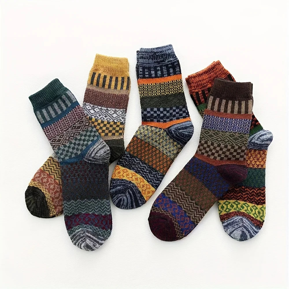 5pairs Unisex Ethnic Style Vintage Thick Wool Warm Crew Men Socks Soft Ultra-Comfortable High Quality Breathable Women's Sock