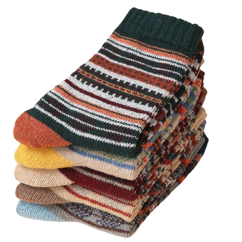 5pairs Unisex Ethnic Style Vintage Thick Wool Warm Crew Men Socks Soft Ultra-Comfortable High Quality Breathable Women's Sock