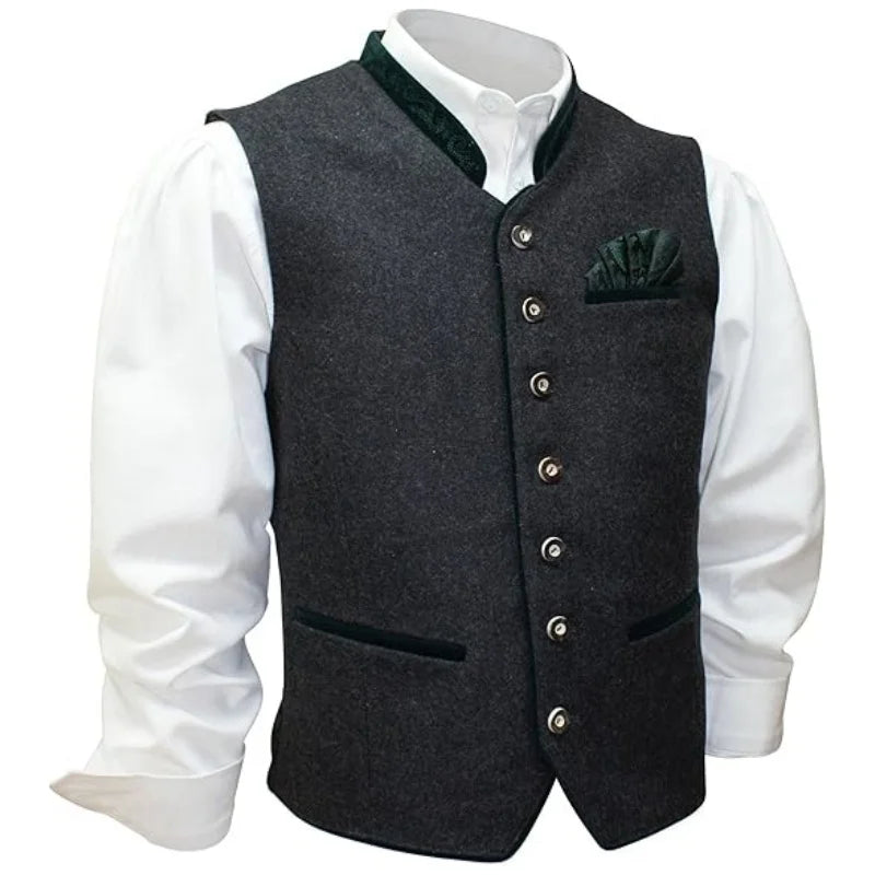 Men's Elegant Loden Vest - Traditional Sleeveless Gilet w/ Brocade Pocket Square | Anthracite Grey Wedding Waistcoat, Festival &