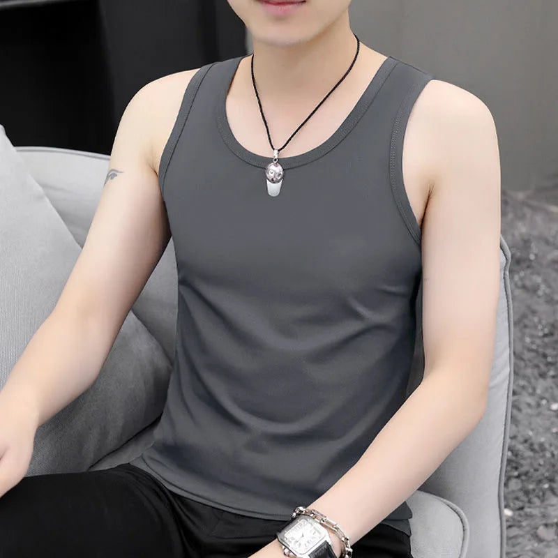 Trendy Versatile Slim Fit Shirt Sleeve Men Vest Pure Color Base Layer Casual Sportswear Young People Summer Edition