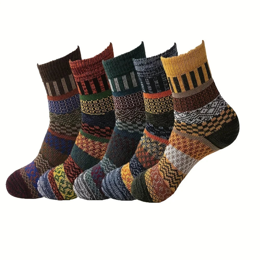 5pairs Unisex Ethnic Style Vintage Thick Wool Warm Crew Men Socks Soft Ultra-Comfortable High Quality Breathable Women's Sock