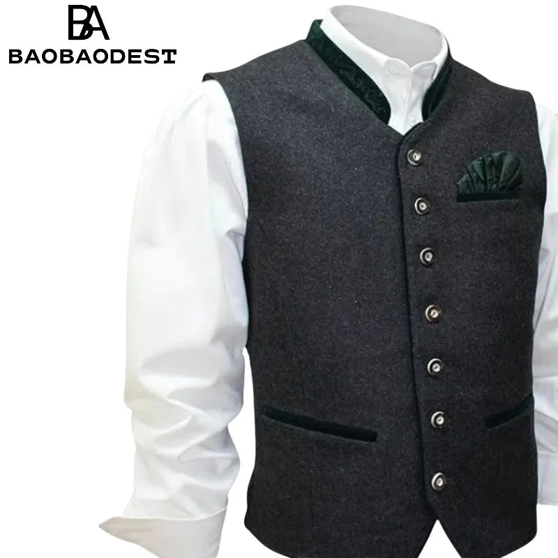 Men's Elegant Loden Vest - Traditional Sleeveless Gilet w/ Brocade Pocket Square | Anthracite Grey Wedding Waistcoat, Festival &